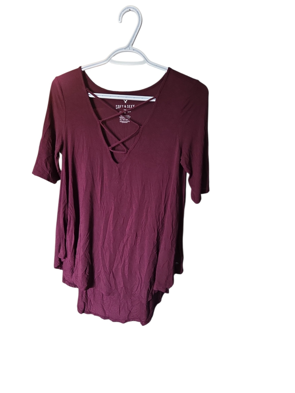 American Eagle Soft & Sexy Maroon Strappy Lace Up V-Neck Tunic Top Size XS